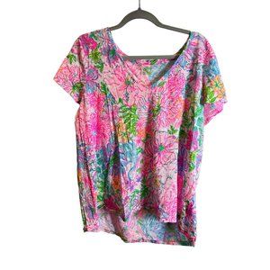 Lilly Pulitzer Etta Top V Neck Short Sleeve Abstract Floral Tee Shirt Pink XXL